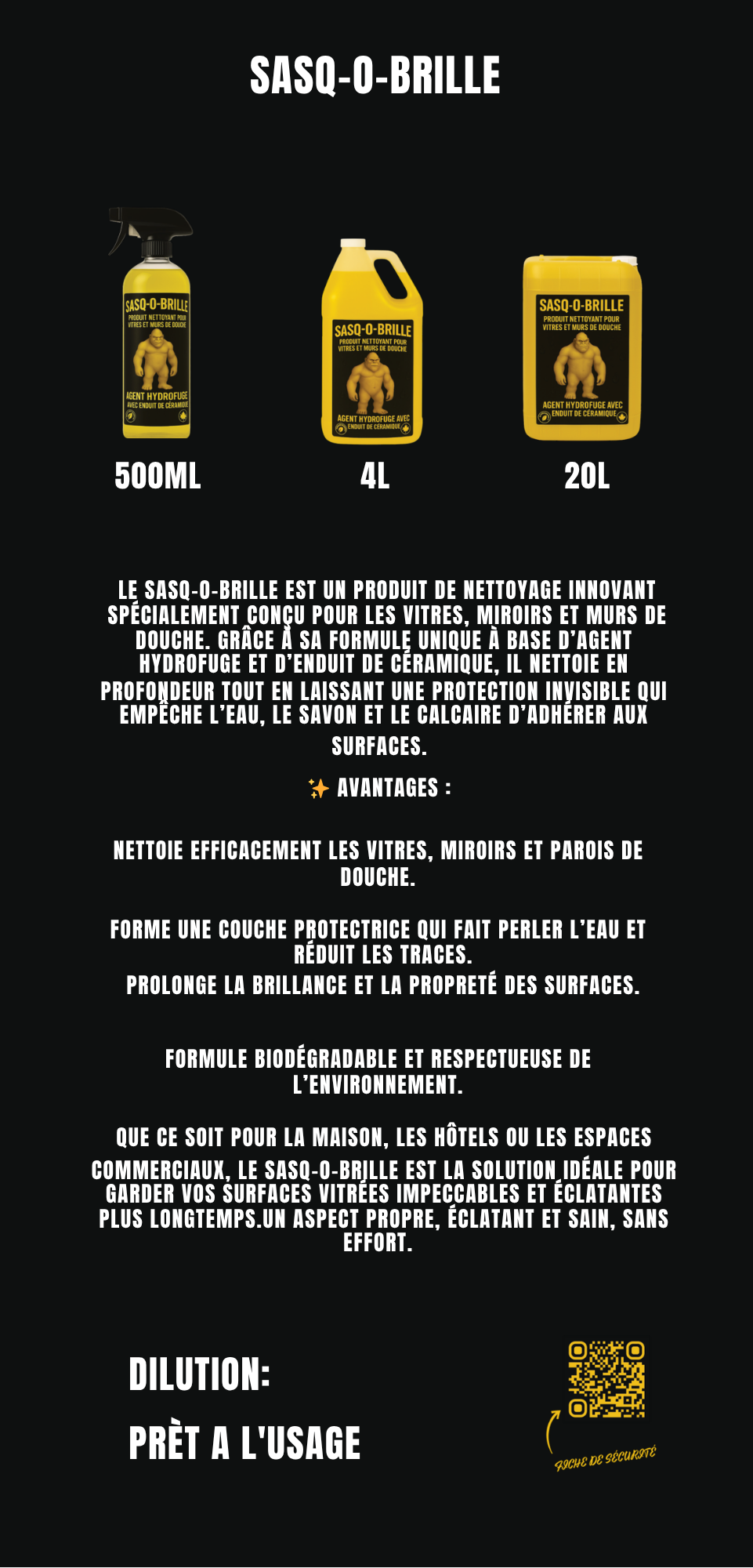 SASQ-O-BRILLE – Nettoyant Vitres, Miroirs et Parois de Douche avec Agent Céramique