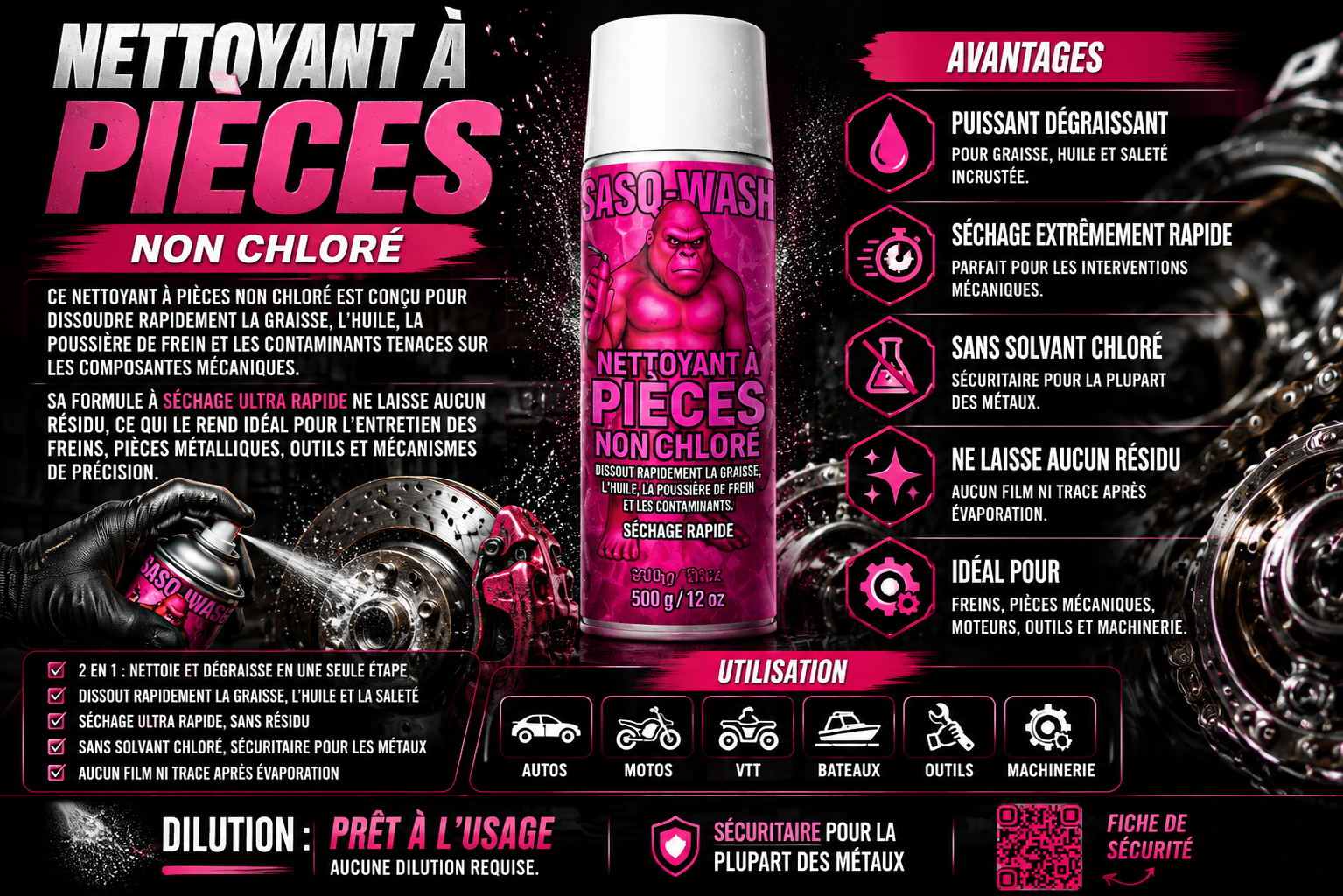SASQ-WASH Nettoyant à Pièces Non Chloré – Dégraisseur Mécanique Ultra Rapide